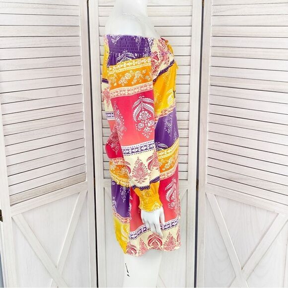 Joyous & Free Floral Damask Colorblock Tunic Dress Small Off Shoulder Smocked - Picture 4 of 13